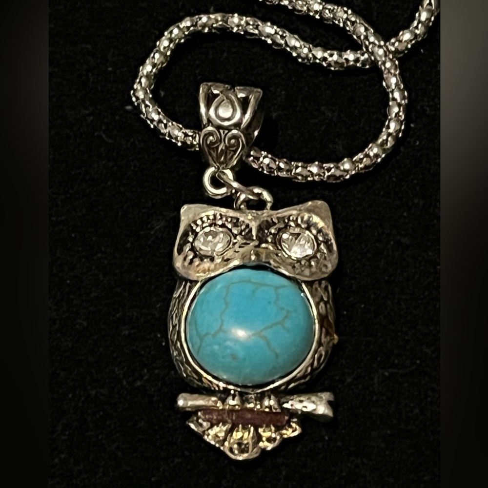 Silver Owl Pendant Necklace with Turquoise Accent